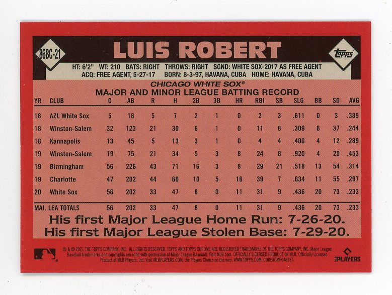 2021 Luis Robert Refractor Topps Chrome Chicago White Sox # 86BC-21
