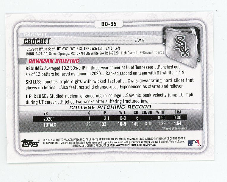 2020 Garrett Crochet Prospect Bowman Chicago White Sox # BD-95