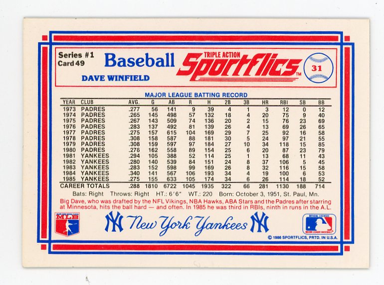 1986 Dave Winfield 3D Sportflics New York Yankees # 31