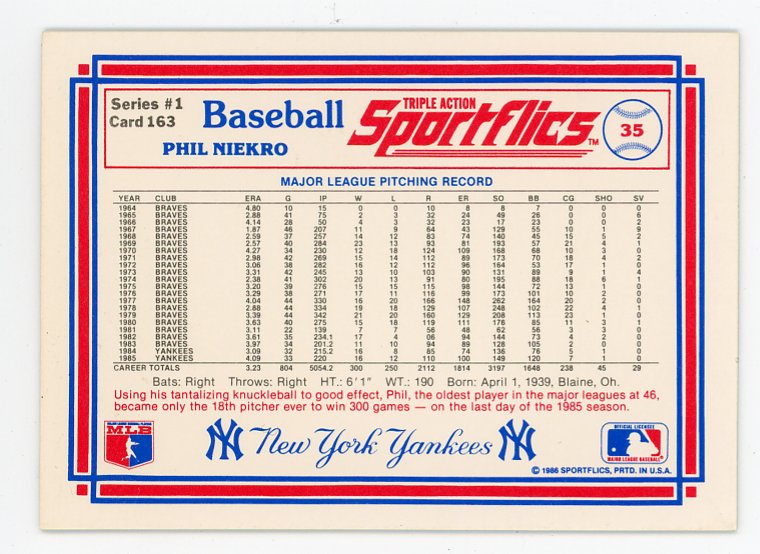 1986 Phil Niekro 3D Sportflics New York Yankees # 35