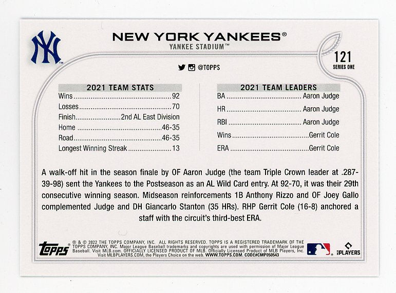 2022 American League Royal Blue Topps New York Yankees # 121