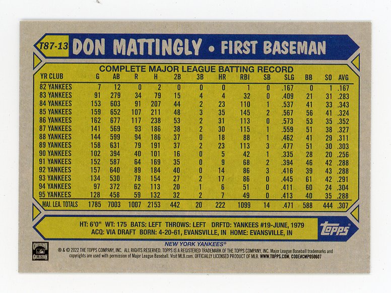 2022 Don Mattingly 35TH Topps New York Yankees # T87-13