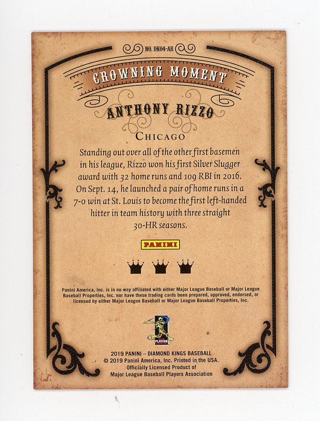2019 Anthony Rizzo Crowning Moment Panini Chicago Cubs # DK04-AR