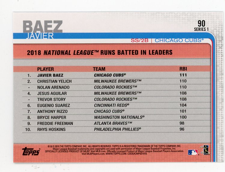 2019 Javier Baez League Leaders Topps Chicago Cubs # 90