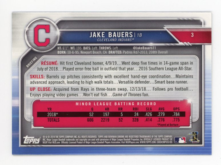 2019 Jake Bauers Rookie Bowman Chrome Cleveland Indians # 3