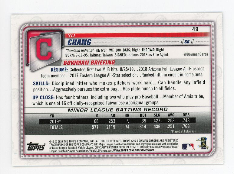 2020 Yu Chang Rookie Bowman Chrome Cleveland Indians # 59