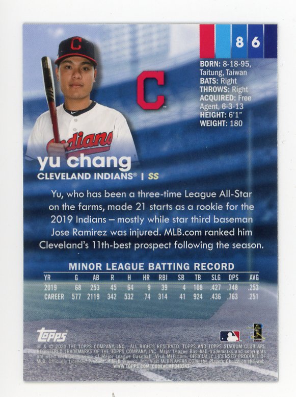 2020 Yu Chang Rookie Stadium Club Chrome Cleveland Indians # 86