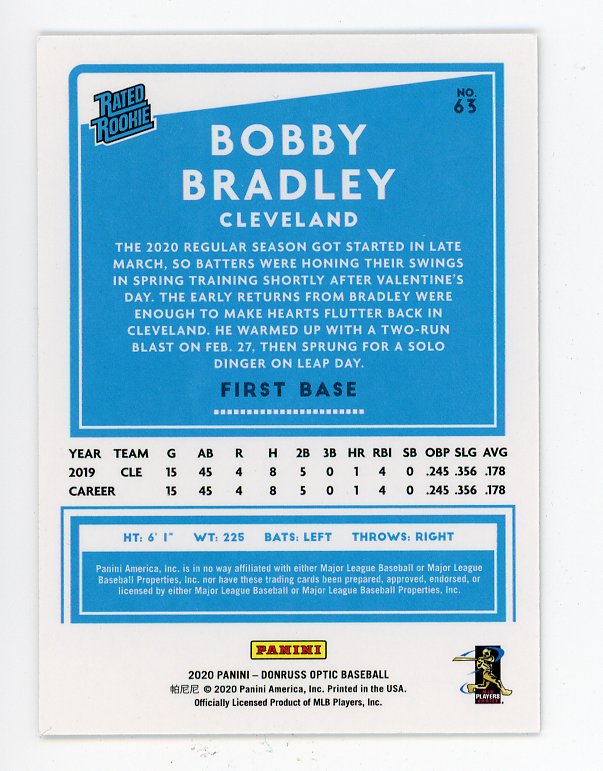 2020 Bobby Bradley Rated Rookie Donruss Optic Cleveland Indians # 63