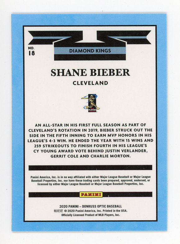 2020 Shane Bieber Diamond Kings Donruss Optic Cleveland Indians # 18