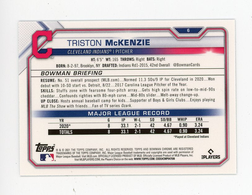 2021 Triston Mckenzie Rookie Bowman Chrome Cleveland Indians # 6