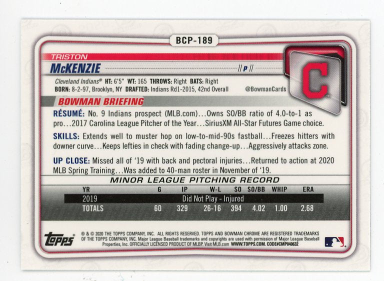 2020 Triston Mckenzie Prospect Bowman Chrome Cleveland Indians # BCP-189