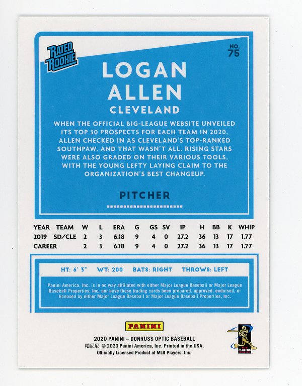 2020 Logan Allen Rated Rookie Donruss Optic Cleveland Indians # 75