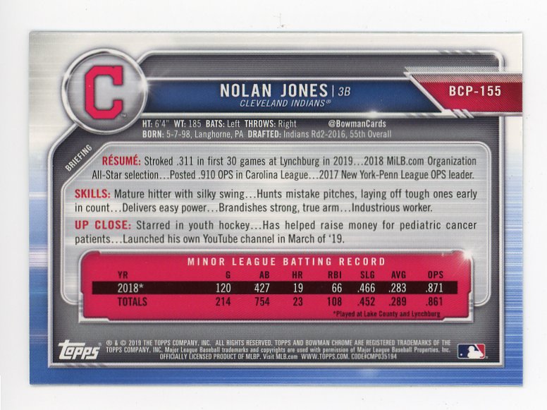 2019 Nolan Jones Bowman Chrome Cleveland Indians # BCP-155
