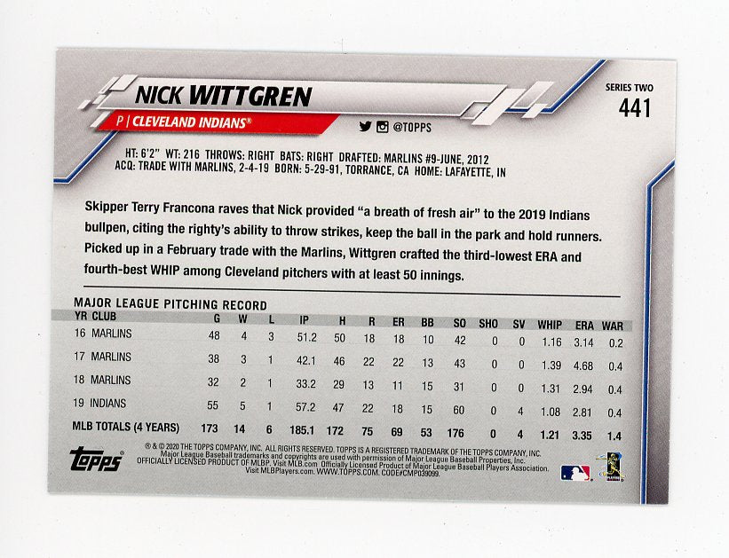 2020 Nick Wittgren Gold Refractor Topps Cleveland Indians # 441