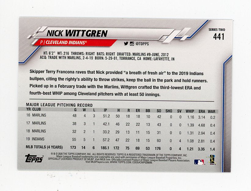 2020 Nick Wittgren Refractor Topps Cleveland Indians # 441