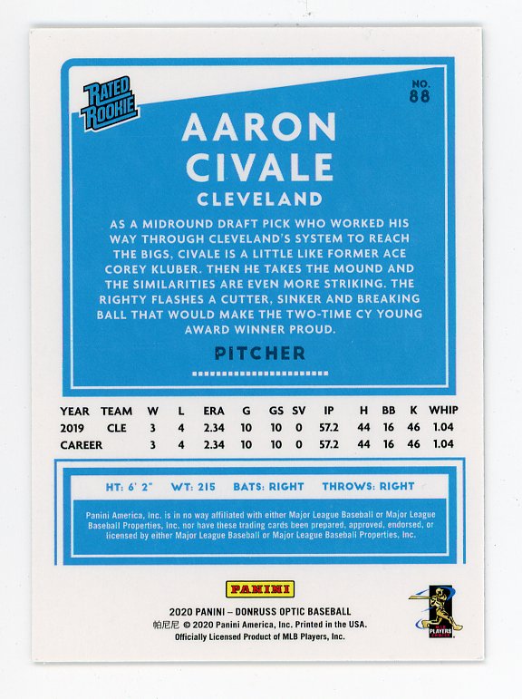 2020 Aaron Civale Rated Rookie Donruss Optic Cleveland Indians # 88