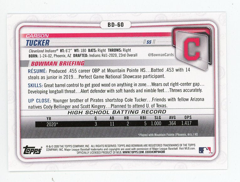 2020 Carson Tucker Prospect Bowman Cleveland Indians # BD-60