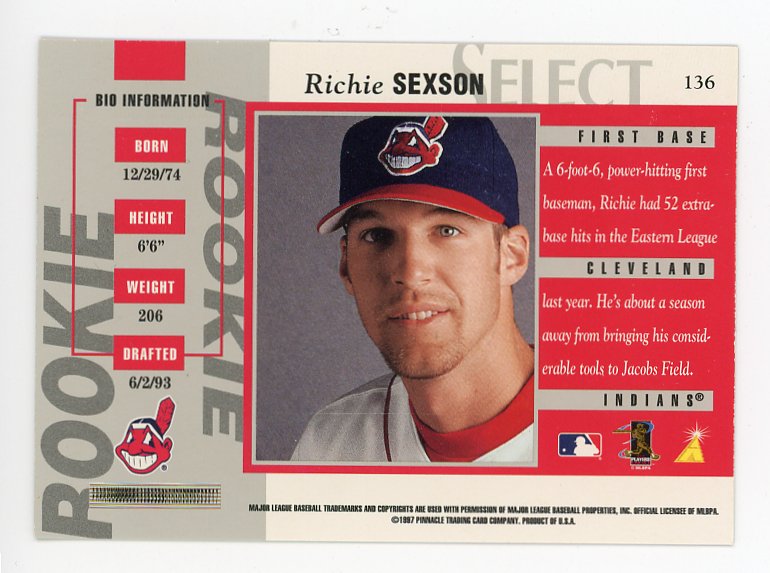 1987 Richie Sexson Artist Proof Rookie Select Cleveland Indians # 136