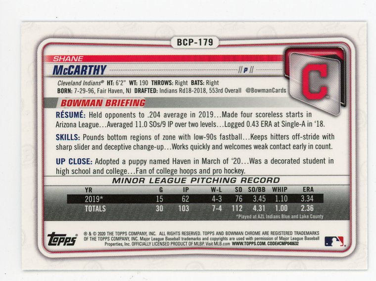 2020 Shane Mccarthy Prospect Topps Chrome Cleveland Indians # BCP-179