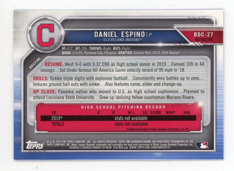 2019 Daniel Espino Refractor Bowman Chrome Cleveland Indians # BDC-27