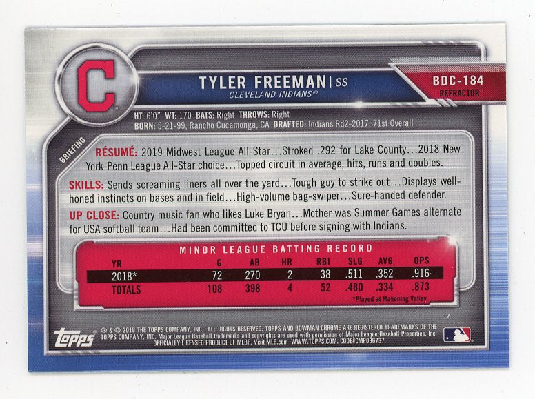 2019 Tyler Freeman Refractor Bowman Chrome Cleveland Indians # BDC-184