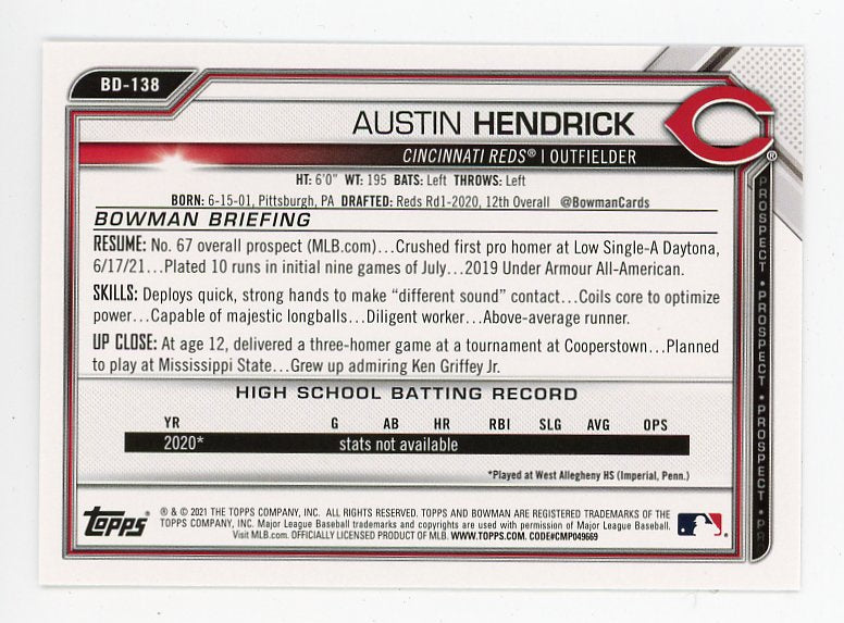 2021 Austin Hendrick Prospect Bowman Cincinnati Reds # BD-138