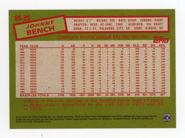 2020 Johnny Bench 35TH Topps Cincinnati Reds # 85-35
