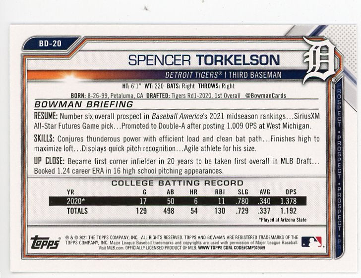 2021 Spencer Torkelson Prospect Bowman Detroit Tigers # BD-20