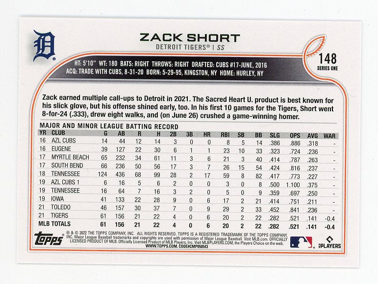 2022 Zack Short Rookie Topps Detroit Tigers # 148
