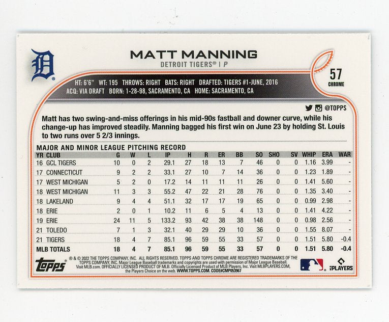 2022 Matt Manning Rookie Topps Chrome Detroit Tigers # 57