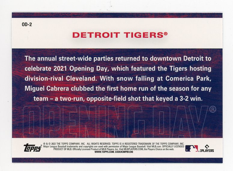 2022 Opening Day Topps Detroit Tigers # OD-2