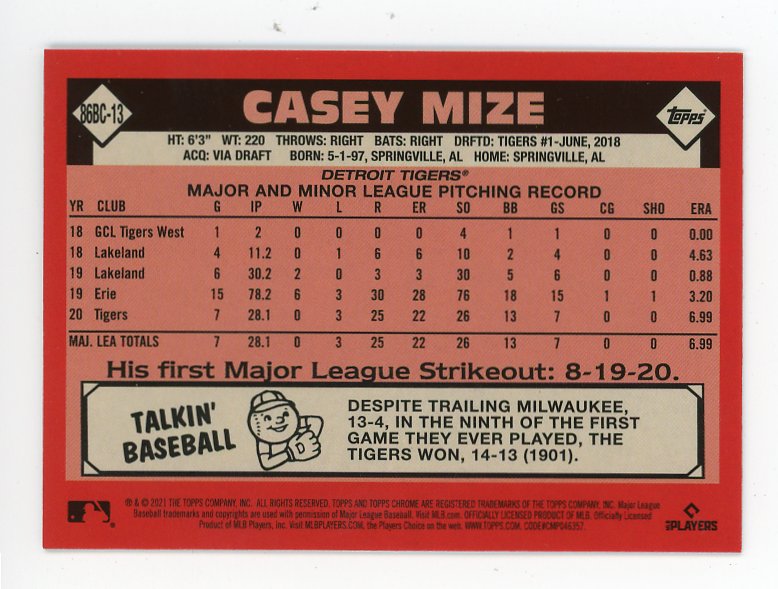 2021 Casey Mize Rookie Refractor 35TH Topps Detroit Tigers # 86BC-13