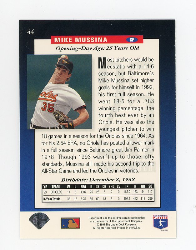 1994 Mike Mussina The Future Is Now Upper Deck Baltimore Orioles # 44