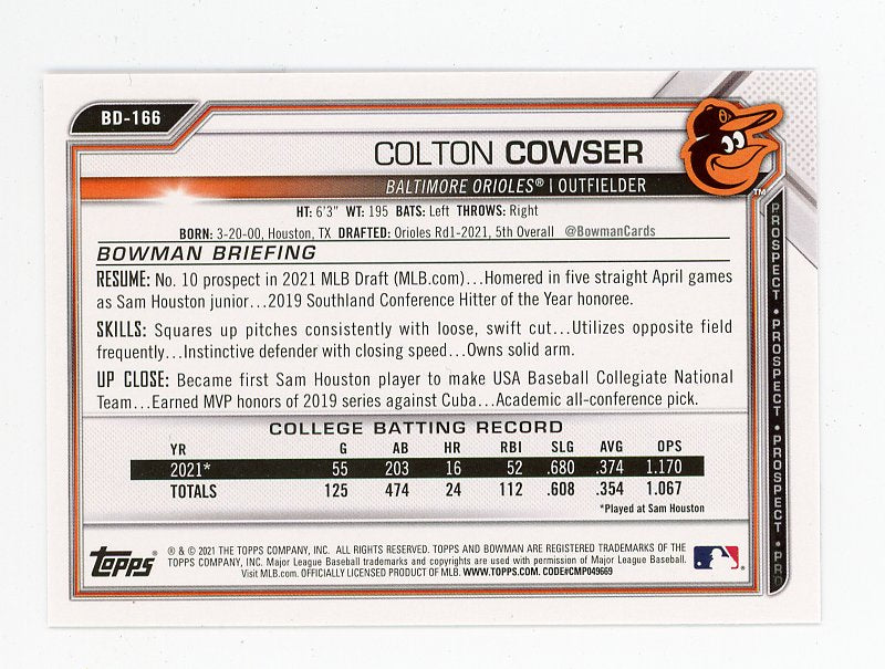 2021 Colton Cowser Prospect Bowman Baltimore Orioles # BD-166