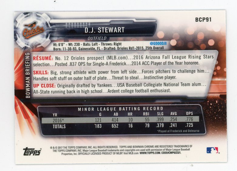 2017 D.J. Stewart Bowman Chrome Baltimore Orioles # BCP91