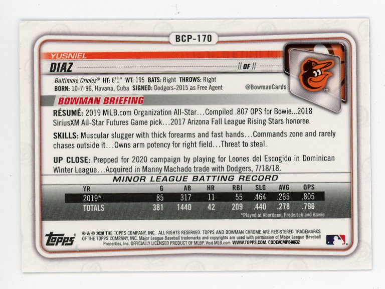 2020 Yusniel Diaz Prospect Bowman Chrome Baltimore Orioles # BCP-170