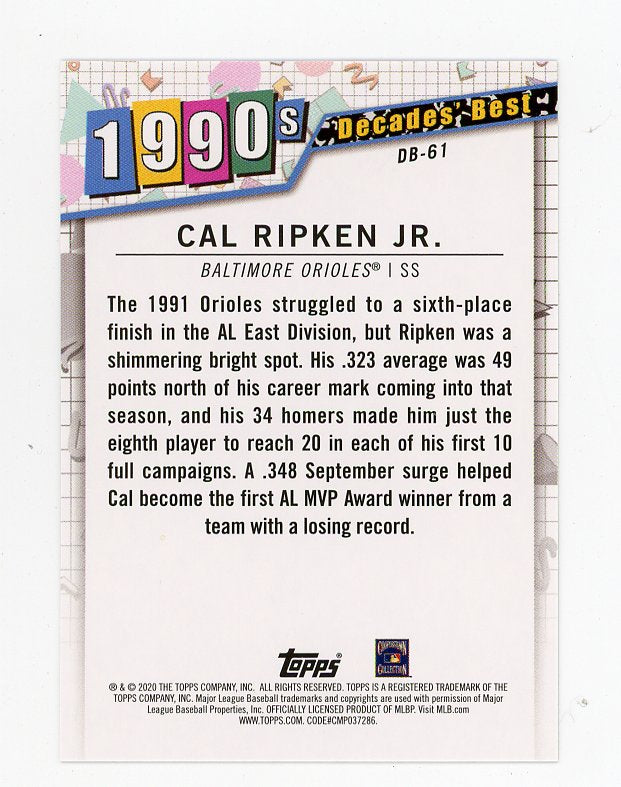 2020 Cal Ripken JR Decades Best Topps Baltimore Orioles # DB-61