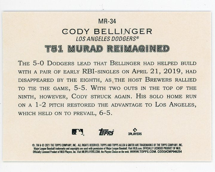 2021 Cody Bellinger Murad Reimagined Allen & Ginter Los Angeles Dodgers # MR-34