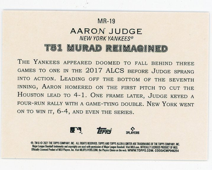 2021 Aaron Judge Murad Reimagined Allen & Ginter New York Yankees # MR-19