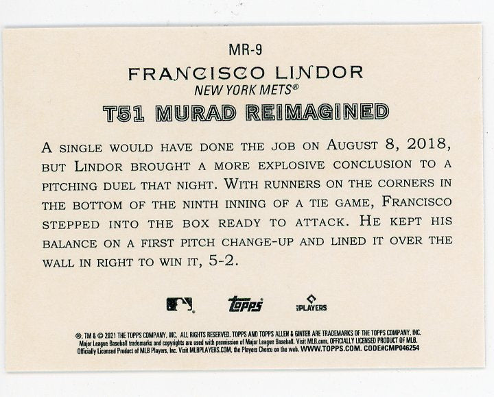 2021 Francisco Lindor Murad Reimagined Allen & Ginter New York Mets # MR-9