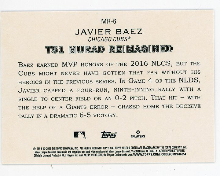 2021 Javier Baez Murad Reimagined Allen & Ginter Chicago Cubs # MR-6
