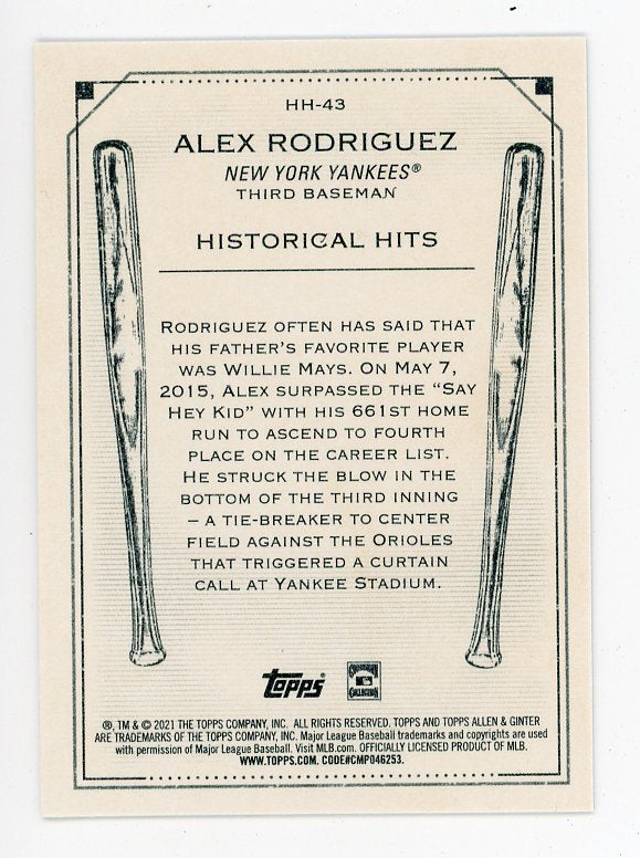 2021 Alex Rodriguez Historical Hits Allen & Ginter New York Yankees # HH-43
