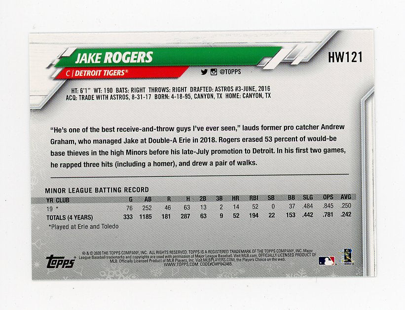 2020 Jake Rogers Rookie Holiday Topps Detroit Tigers # HW121