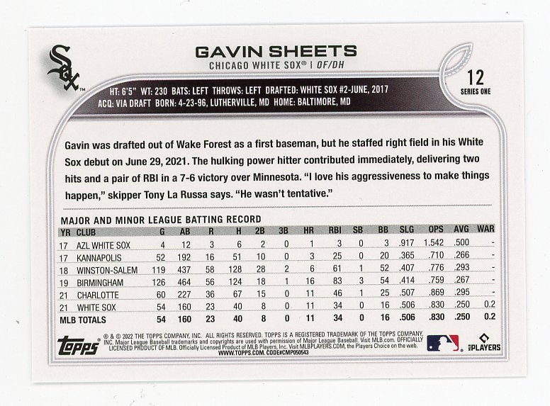 2022 Gavin Sheets Rookie Topps Chicago White Sox # 12