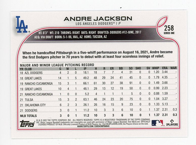 2022 Andre Jackson Rookie Topps Los Angeles Dodgers # 258