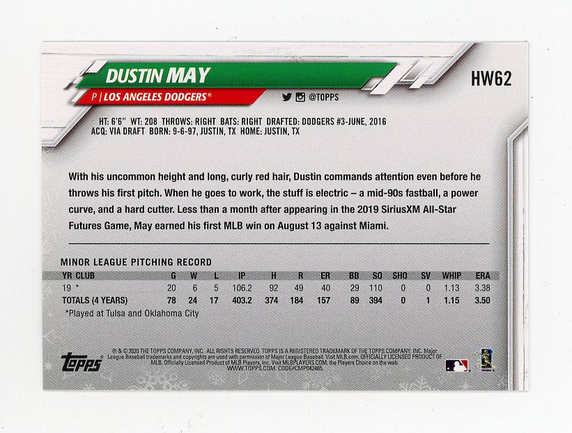 2020 Dustin May Rookie Holiday Topps Los Angeles Dodgers # HW62
