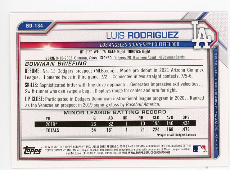 2021 Luis Rodriguez Prospect Bowman Los Angeles Dodgers # BD-134