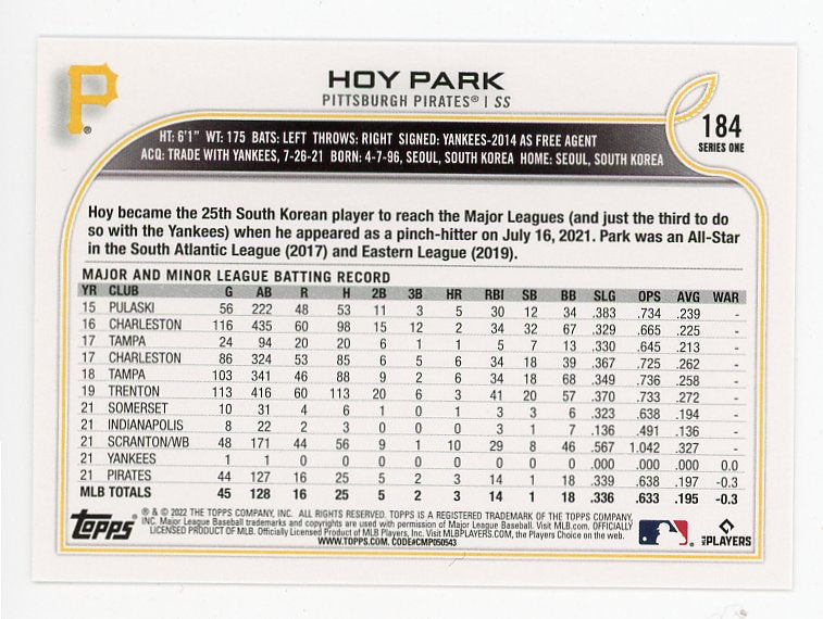 2022 Hoy Park Rookie Topps Pittsburgh Pirates # 184