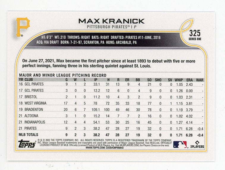 2022 Max Kranick Rookie Topps Pittsburgh Pirates # 325