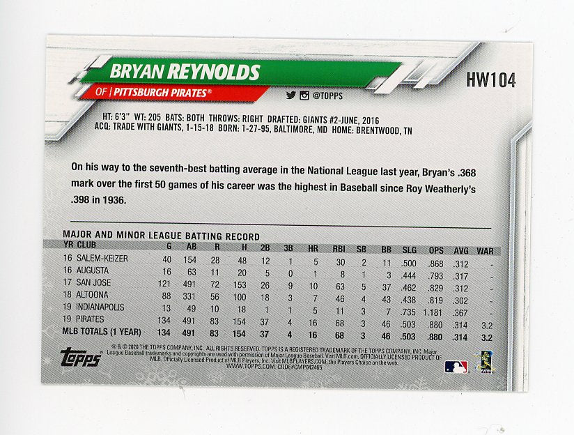 2020 Bryan Reynolds All Star Holiday Topps Pittsburgh Pirates # HW104